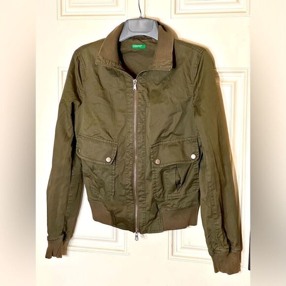 Olive Green Bomber Jacket - United Colors of Benetton Italian size 42/US size 6 - Picture 1 of 6